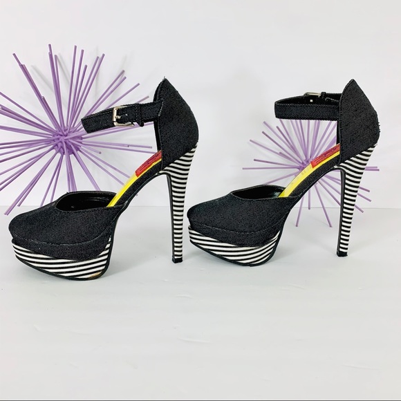 FRH /Black Jean Striped Double Platform Strap Heel - Picture 4 of 9